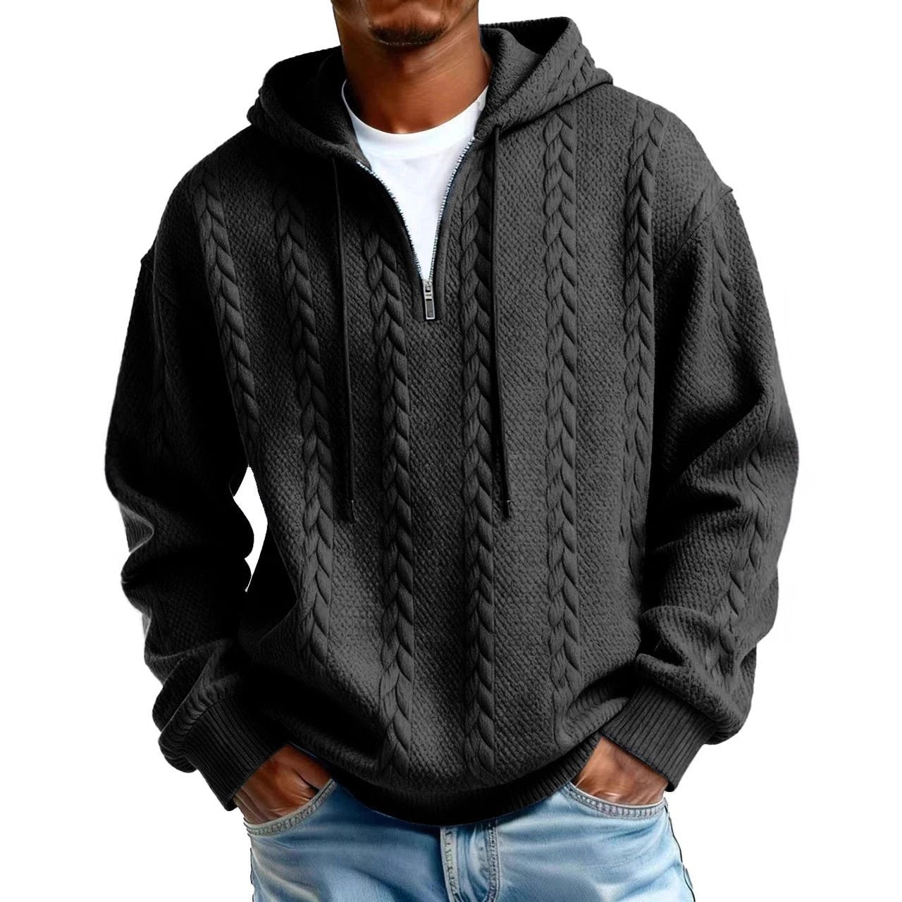 Men's Half-zip Hooded Sweatshirt With Long Sleeves by GJG Denim