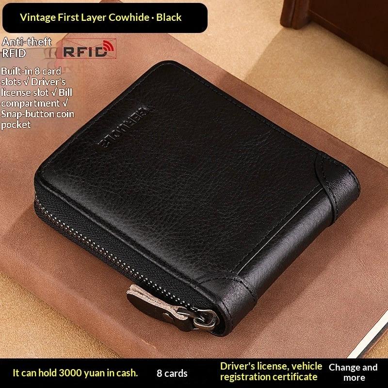 Men's Cowhide Wallet With Multiple Card Slots And A Zipper by GJG Denim
