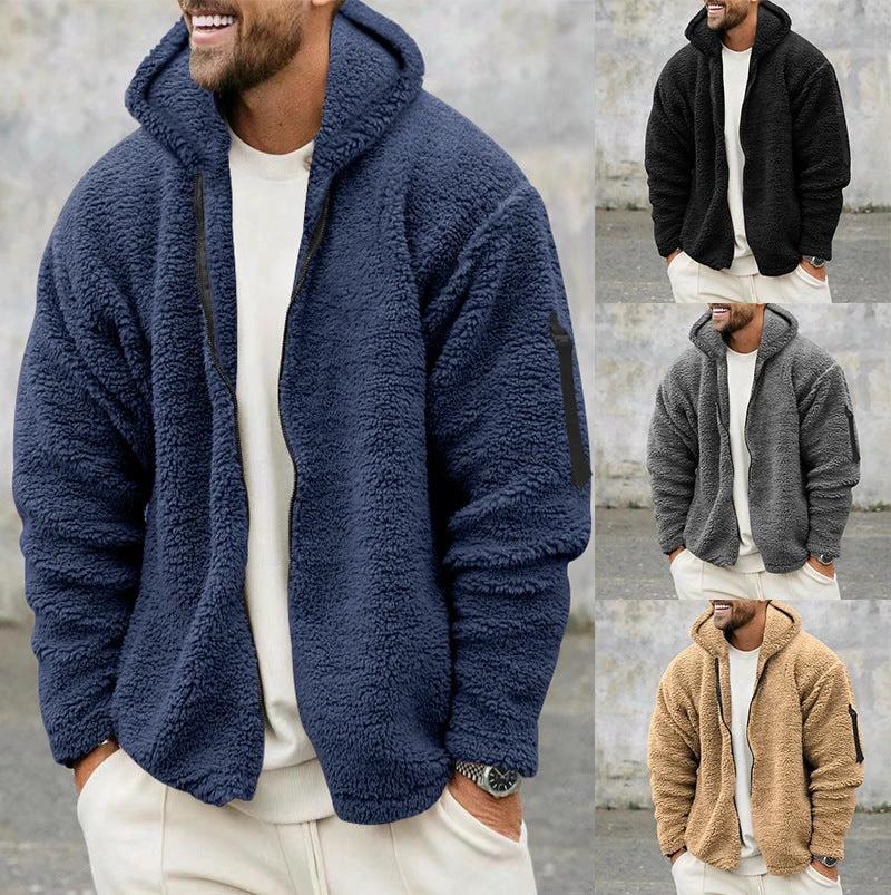 Plush Hooded Jacket Men's Autumn And Winter Fleece Double-sided Wear Warm Coat With Zipper Loose Casual Jacket Outdoor Clothing by GJG Denim
