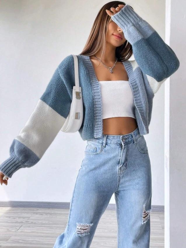 Flirla Colorblock Drop Shoulder Duster Cardigan,Long Sleeve Tops by GJG Denim
