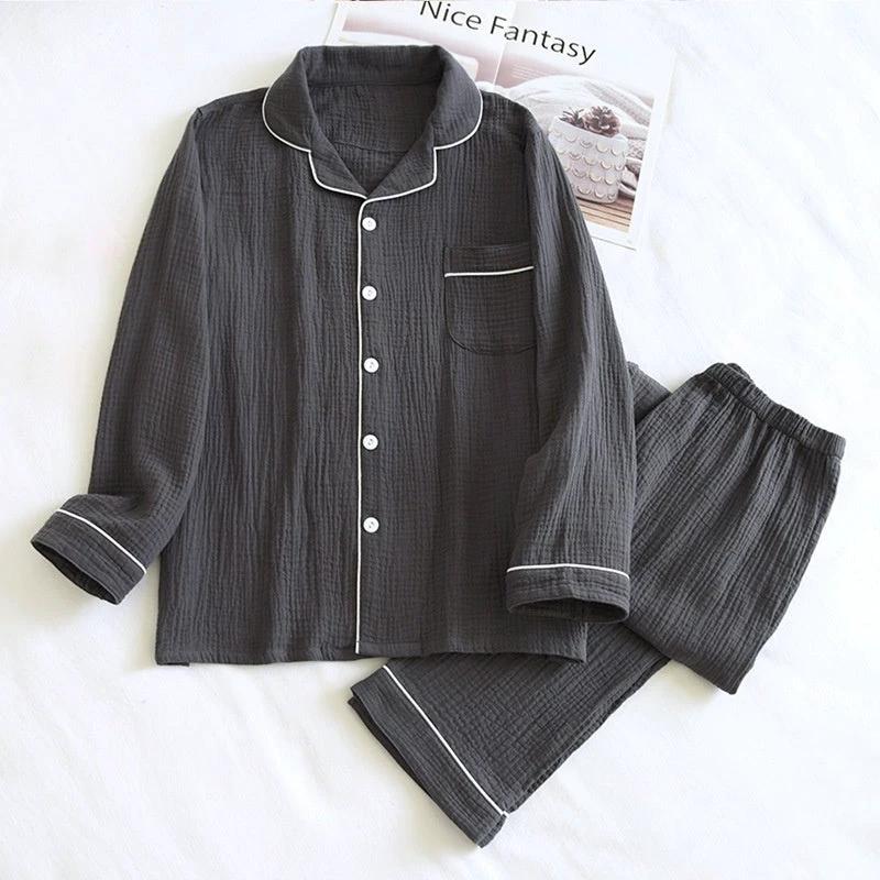 Men's Loose Double-layer Gauze Cotton Long Sleeve Pajamas by GJG Denim