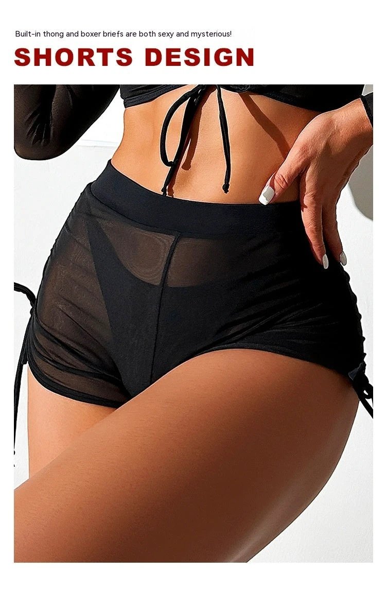 Bikini Four-piece Suit Black Mesh Swimwear Women by GJG Denim