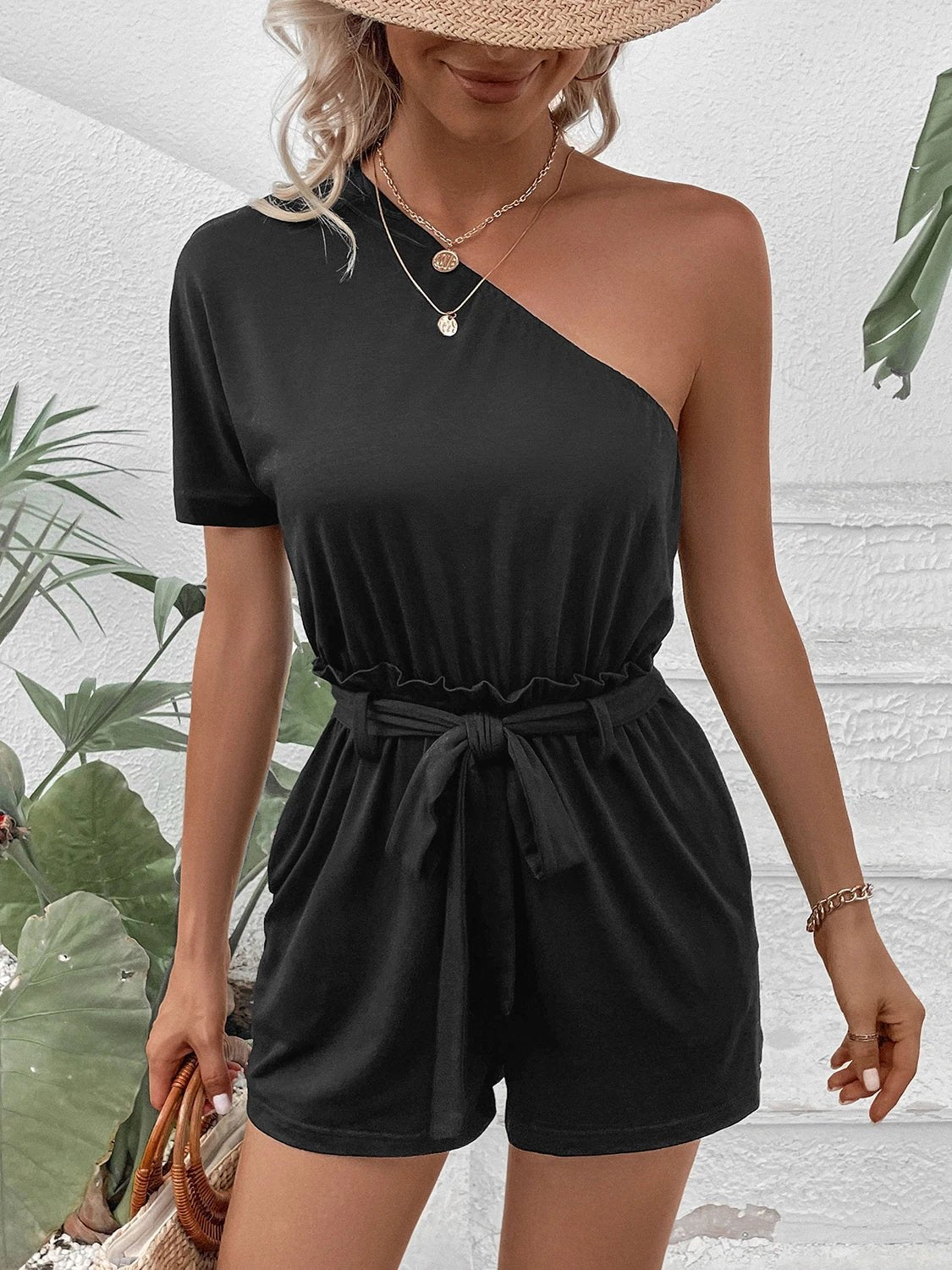 Perfee Single Shoulder Tie Waist Romper by VYSN