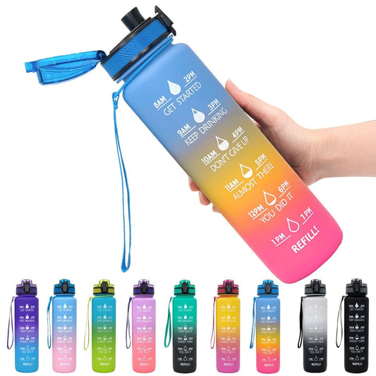 1L Tritan Water Bottle With Time Marker Bounce Cover Motivational Water Bottle Cycling Leakproof For Sports Fitness by GJG Denim