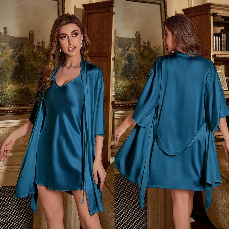 Ice Silk Pajamas For Women Summer Robe Two-piece Sling Sexy by GJG Denim