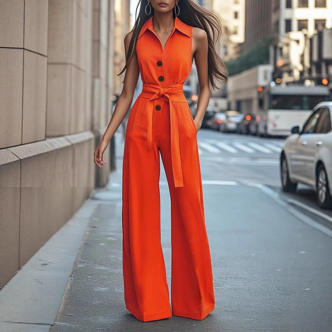 Women's Blouse Collar Solid Color Wide Leg Jumpsuit by GJG Denim
