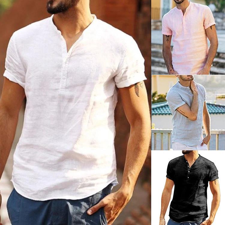 Men's Stand Collar Cotton Linen Short Sleeve Shirt by GJG Denim