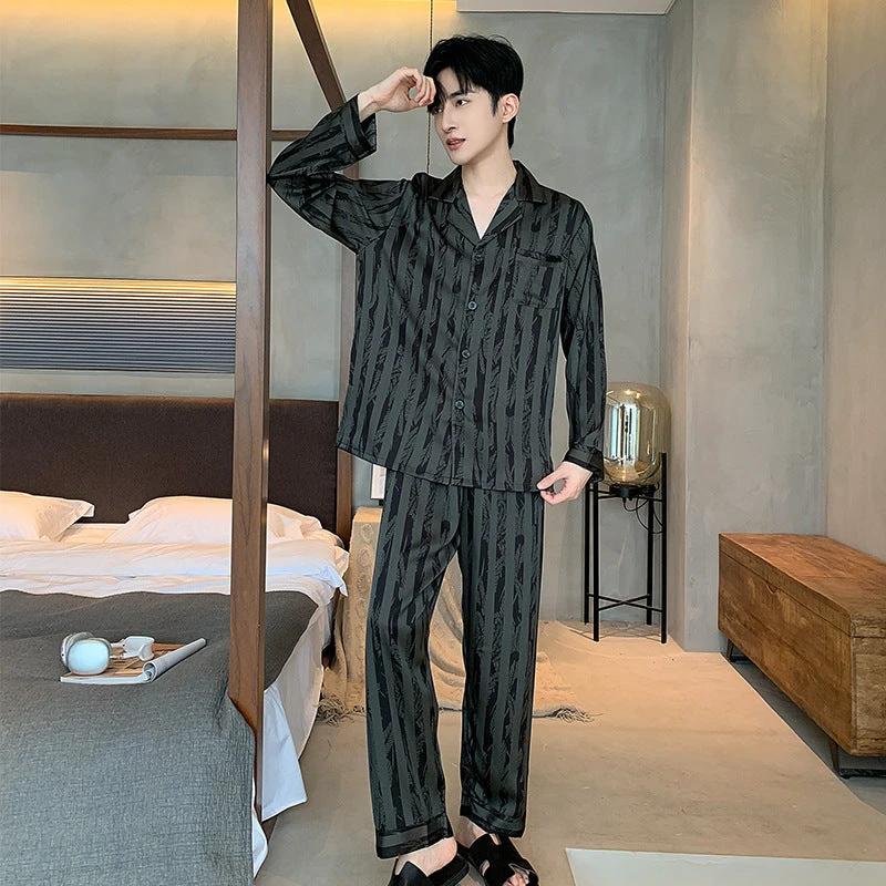 Men's Silk Pajamas V-neck Long Sleeve Two-piece Set by GJG Denim
