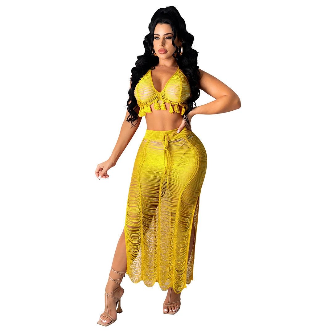 See-through Tassel Knitted Beach Skirt Suit by GJG Denim