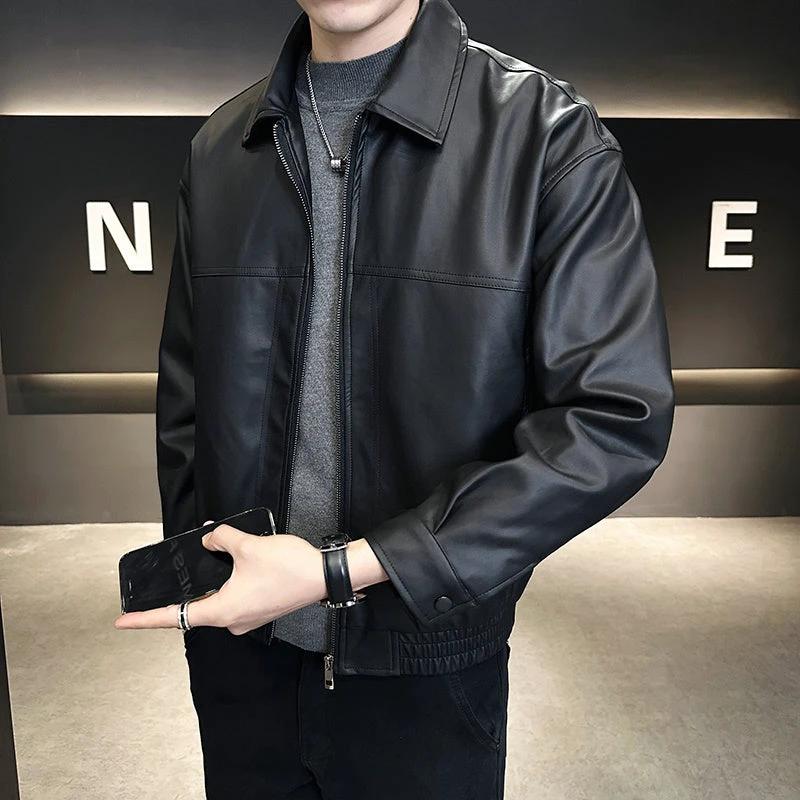Men's Slim-fit Trendy High-grade Pu Shuai Motorcycle Retro Leather Coat by GJG Denim