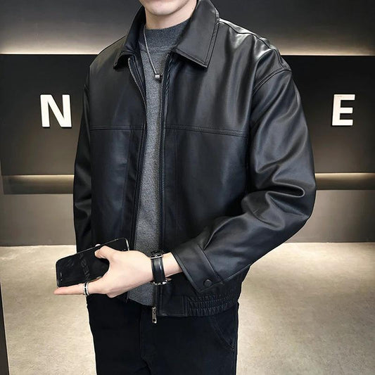 Men's Slim-fit Trendy High-grade Pu Shuai Motorcycle Retro Leather Coat by GJG Denim