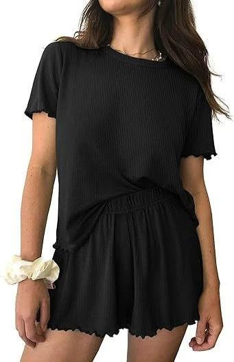 Relaxed Casual Cre Neck Short Sleeve Top And Shorts Set by GJG Denim