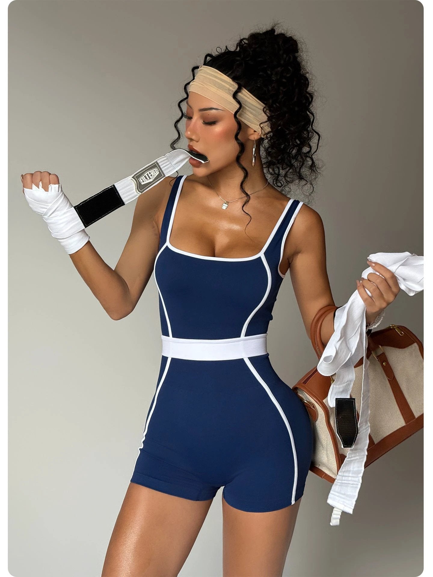 Contrast Color Vest Yoga Jumpsuit Women's Fitness Sports One-piece Shorts by GJG Denim