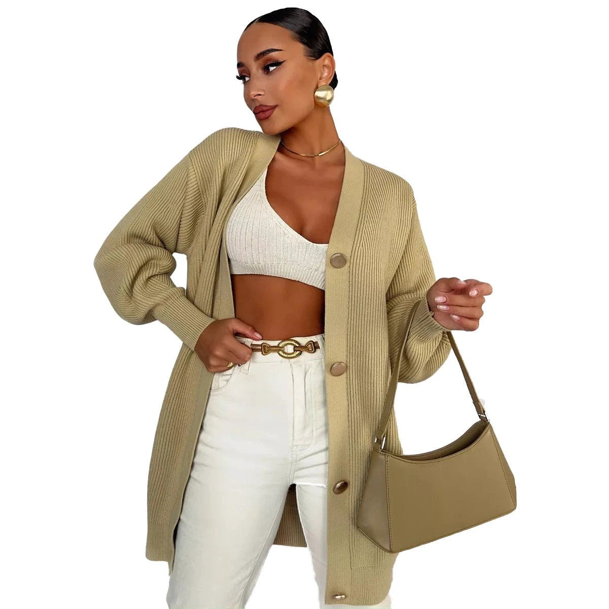 European And American Pure Color Casual Versatile Loose V-neck Early Autumn Knitted Cardigan by GJG Denim