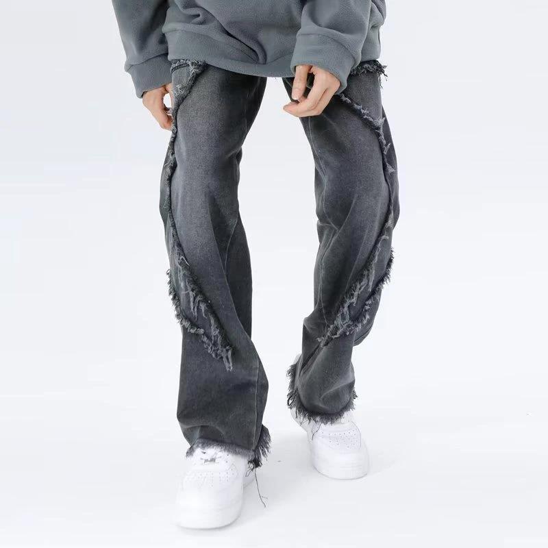 Raw Hem Jeans Men's American High Street Straight-leg Pants by GJG Denim