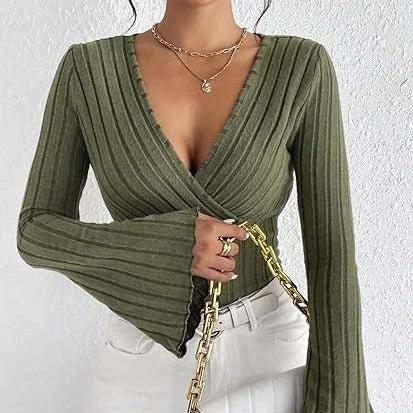 Women's Autumn And Winter Rib Sunken Stripe V-neck Flared Slim-fit Long Sleeve T-shirt Elegant Women's Top by GJG Denim