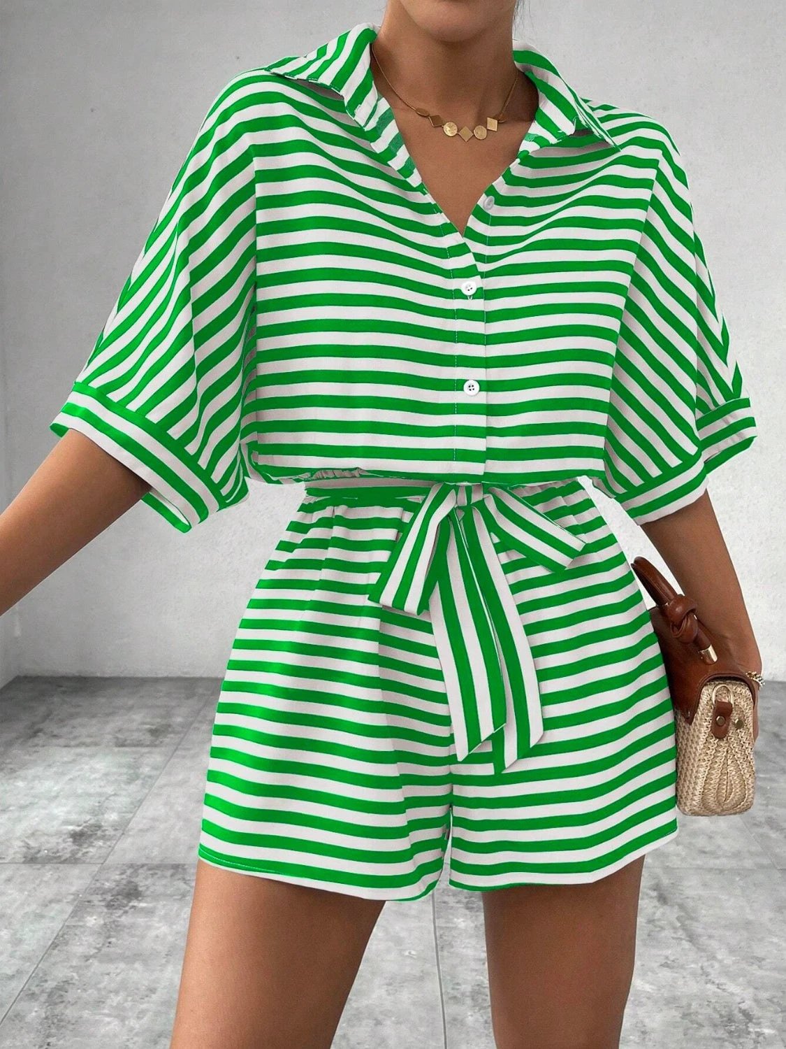 Tie Waist Half Button Striped Romper by VYSN
