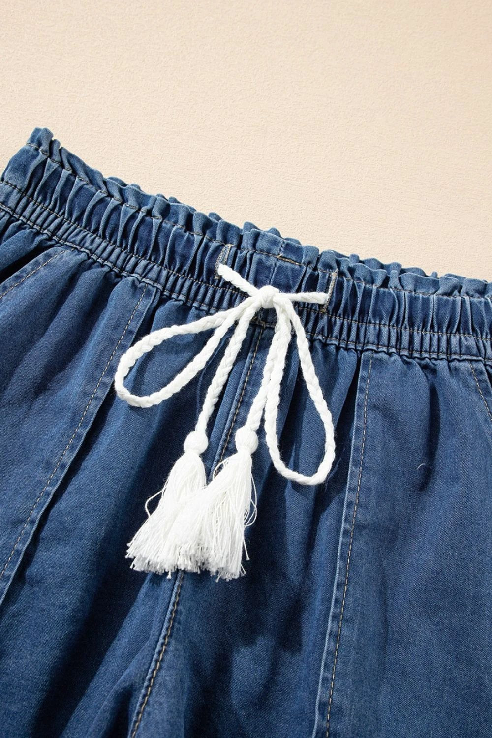 Raw Hem Drawstring High Waist Denim Shorts with Pockets by Lady Ros