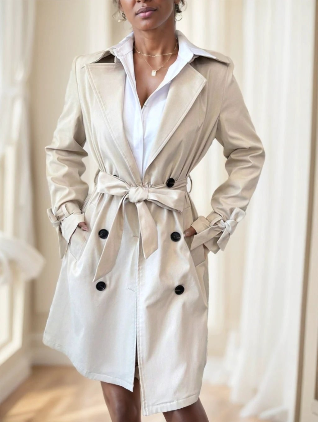 Women's Apricot Solid Color Lapel Neck Long-Sleeved Suspenders Double-Breasted by GJG Denim