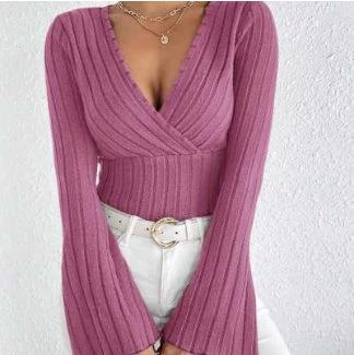 Women's Autumn And Winter Rib Sunken Stripe V-neck Flared Slim-fit Long Sleeve T-shirt Elegant Women's Top by GJG Denim