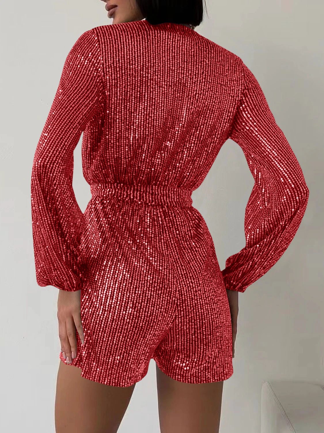 Full Size Sequin Surplice Tie Waist Long Sleeve Romper by Lady Ros