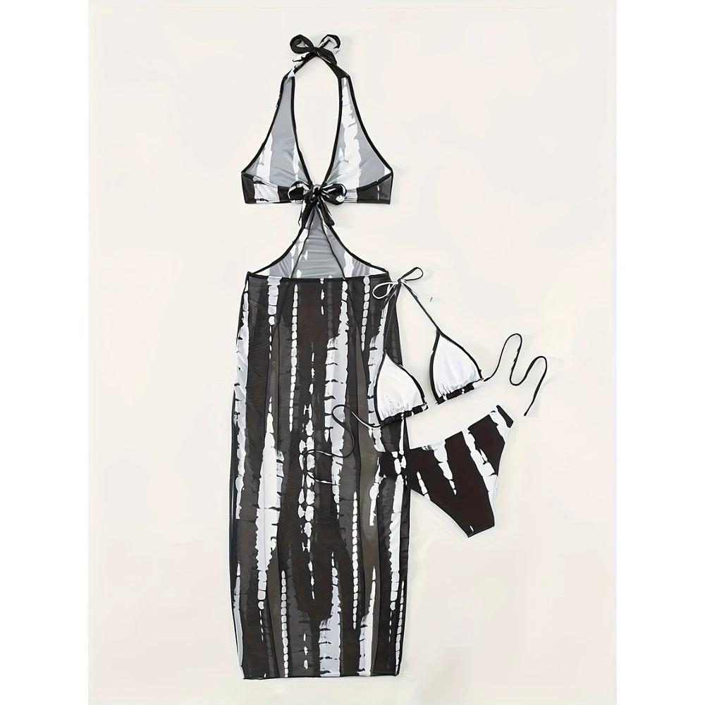 European And American Women's Swimsuit Sunscreen Bikini Three Piece Set Striped Printed Mesh Beach Vacation Sunscreen Swimsuit Women by GJG Denim