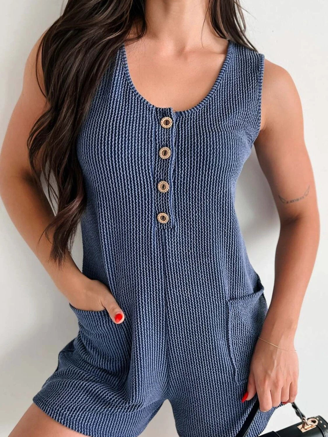 Lovelet Texture Wide Strap Romper with Pockets by Lady Ros