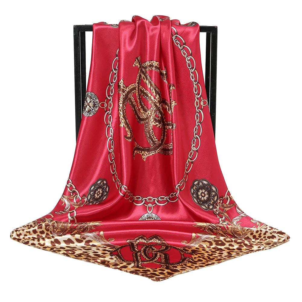 Leopard-print Chain Decorative Satin Scarf by GJG Denim