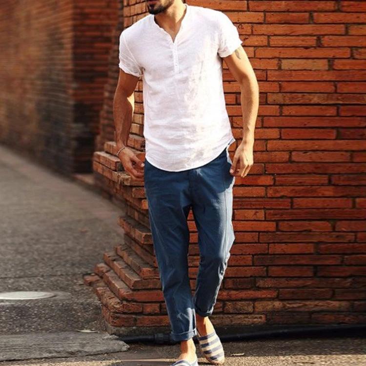 Men's Stand Collar Cotton Linen Short Sleeve Shirt by GJG Denim