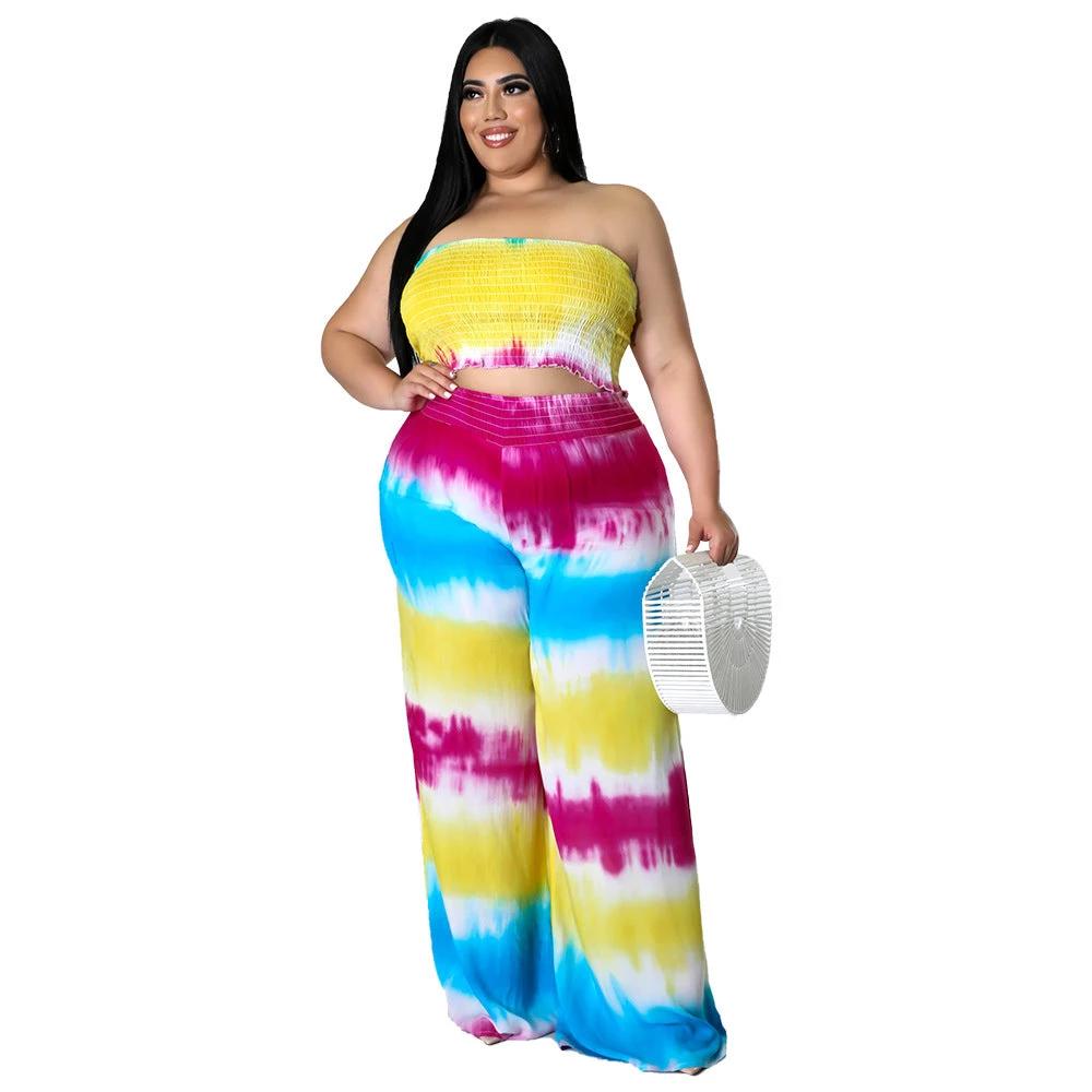 Women's Tie-dye Print Chest-wrapped Backless Plus Size Two-piece Suit by GJG Denim