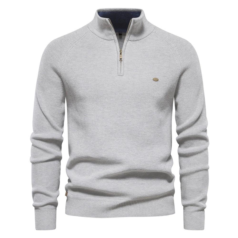 Men's Zipper Stand Collar Knitted Sweater Fashion Slim Solid Color Long Sleeve Half Turtleneck Top Men's Clothing by GJG Denim