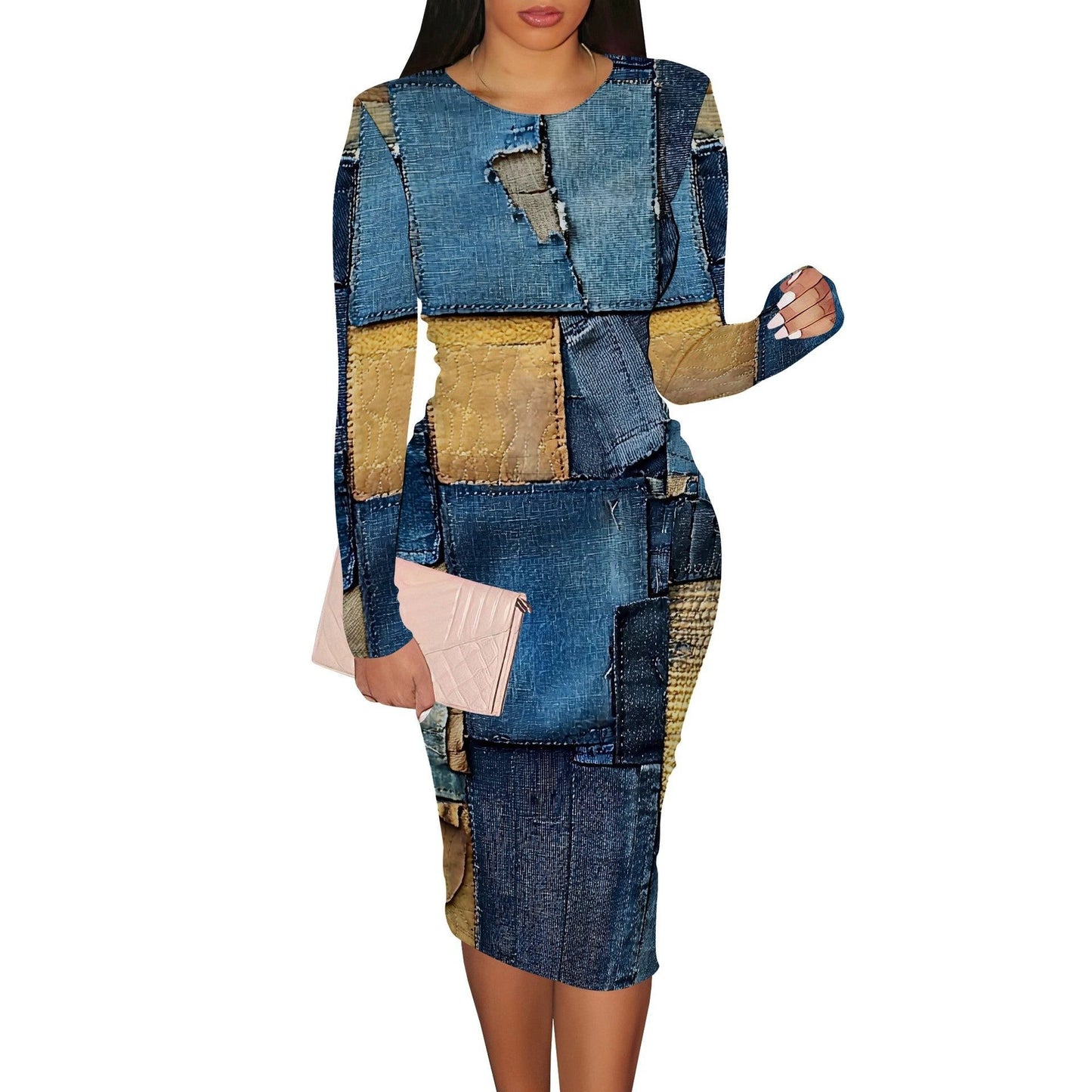 Women's Casual Printed Long-sleeve Round-collar Dress by GJG Denim
