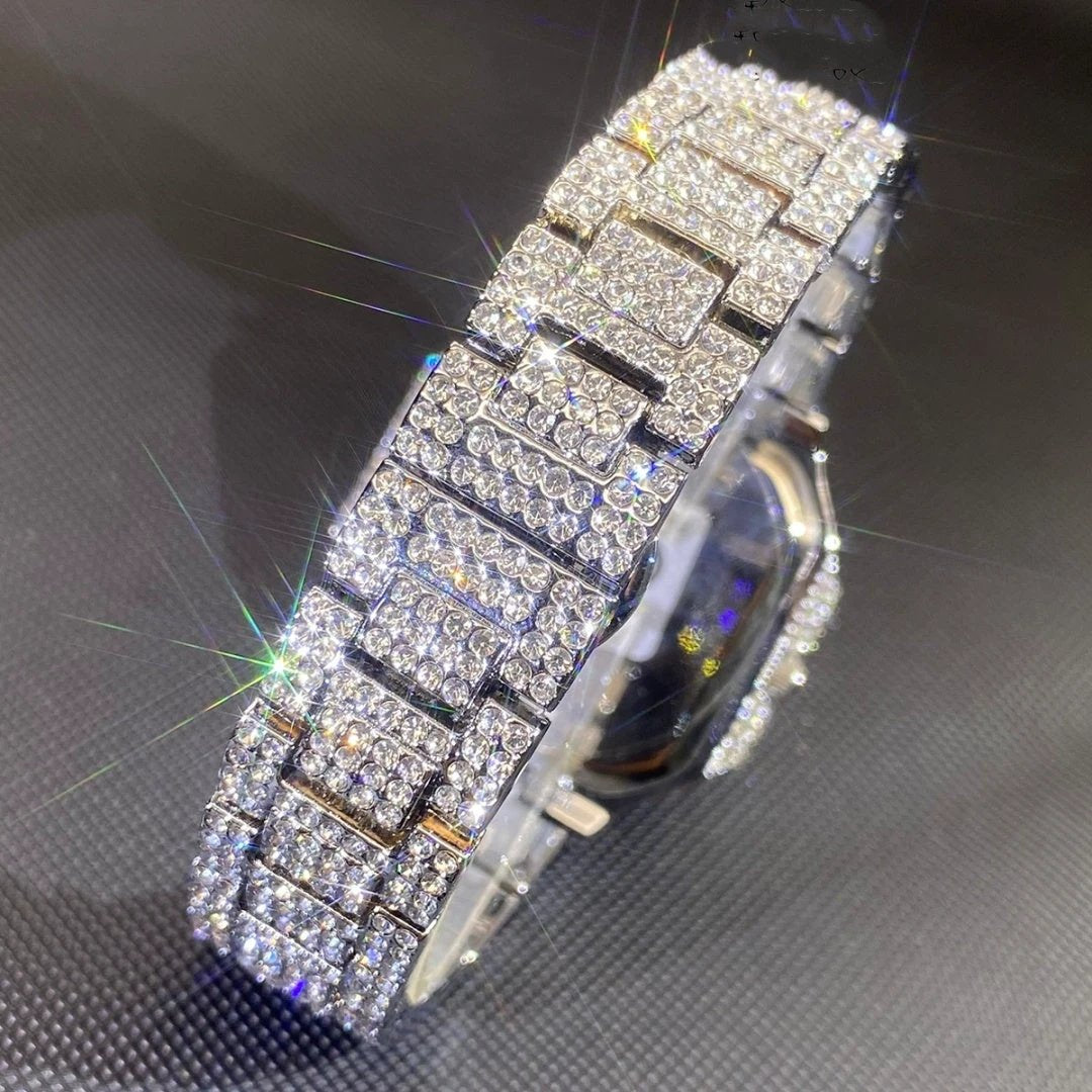 Men's Watch Square-shaped Fully Diamond-encrusted Multi-functional by GJG Denim