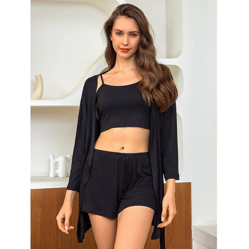 Modal Cotton Ribbed Camisole Nightgown Three-Piece Loungewear Set Pajamas by GJG Denim
