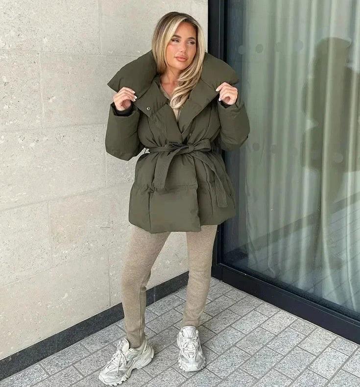 Winter Thickened Jacket Fashion Lapel Cotton Coat With Belt Warm Casual Top Outwear Women's Clothing by GJG Denim
