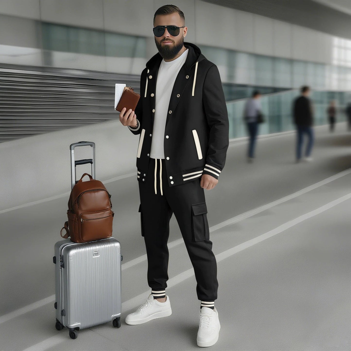 Men's Large Twill Hooded Baseball Jacket Cardigan Long Sleeve Pants Set by GJG Denim