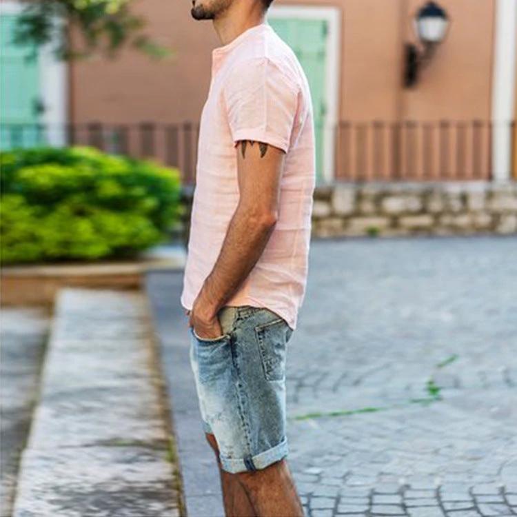 Men's Stand Collar Cotton Linen Short Sleeve Shirt by GJG Denim