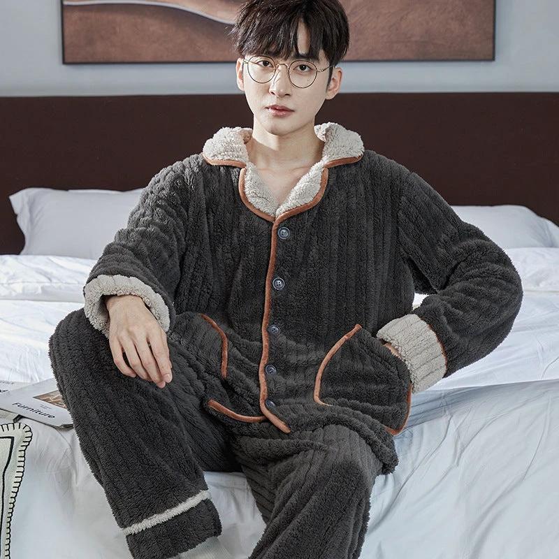 Pajamas Men's Jacquard Flannel Loose Fleece-lined Warm Loungewear by GJG Denim
