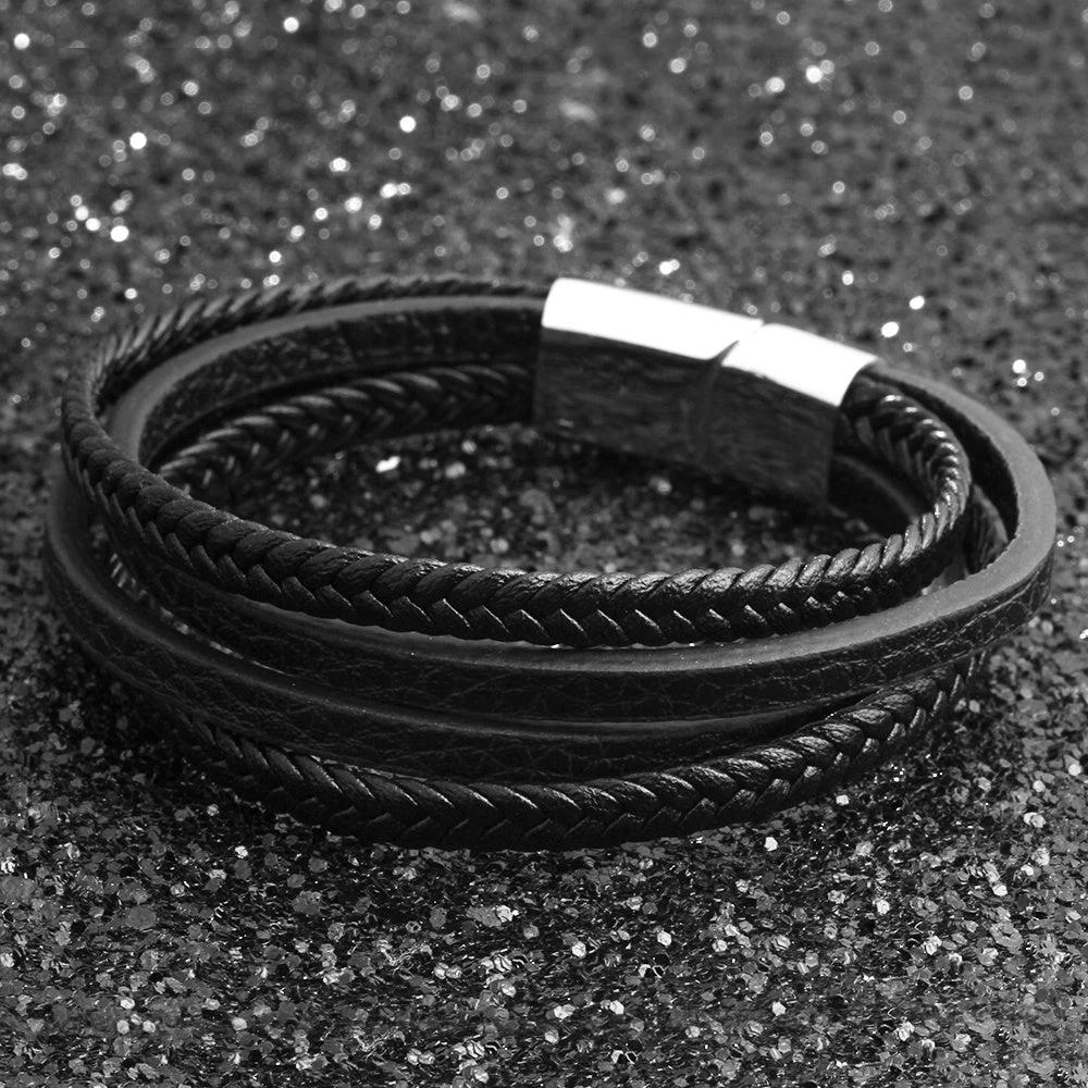 Stainless Steel Faux Leather Braided Rope Magnetic Clasp Bracelet For Men by GJG Denim