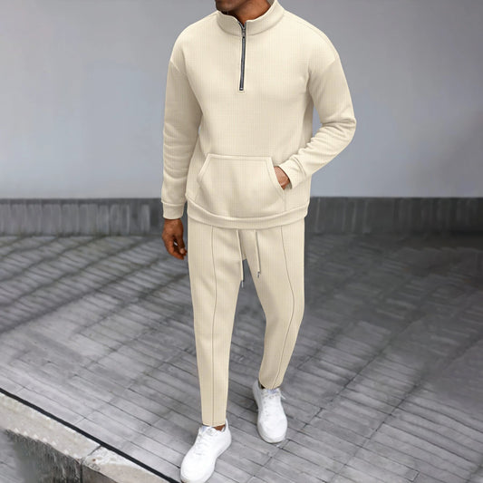 Turtleneck Half Zip Pocket Long Sleeve Sweater Trousers Casual Suit by GJG Denim