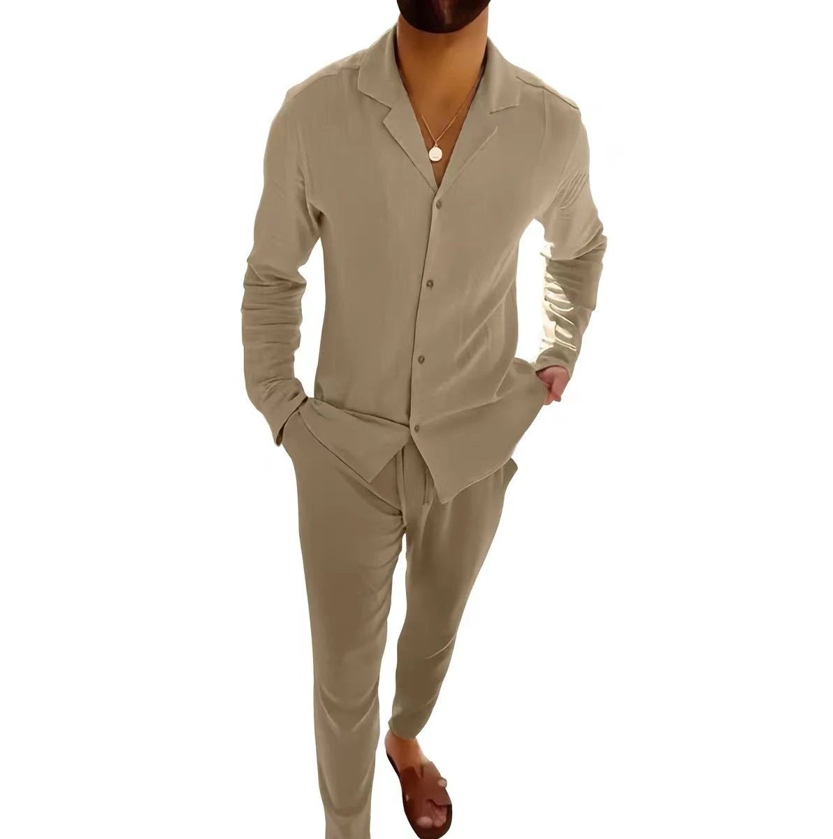 Casual Long-sleeved Suits Fashion Lapel Single-breasted Shirt Top And Slim-fit Trousers Men Clothing by GJG Denim