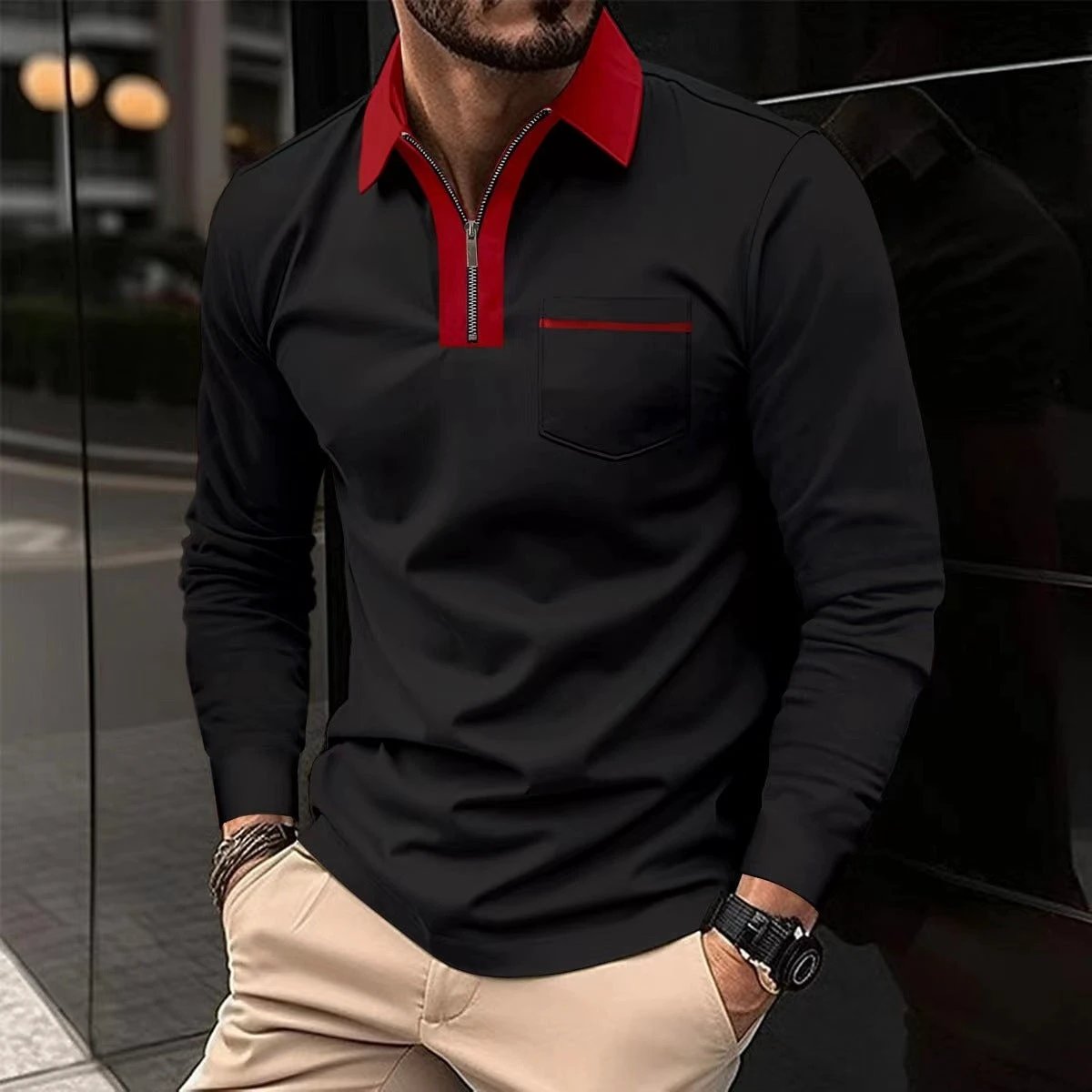 Men's Long Sleeve Zipper Polo Shirts Lapel Collar Zip Up by GJG Denim