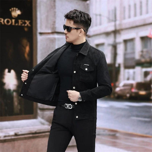 Suede Leather Jacket Men's Slim-fit High-grade Pu Handsome Retro Biker's by GJG Denim