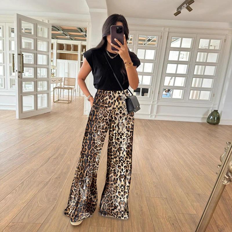 Fashion Leopard Print Sequined High Waist Straight Slim Fit Casual Trousers by GJG Denim