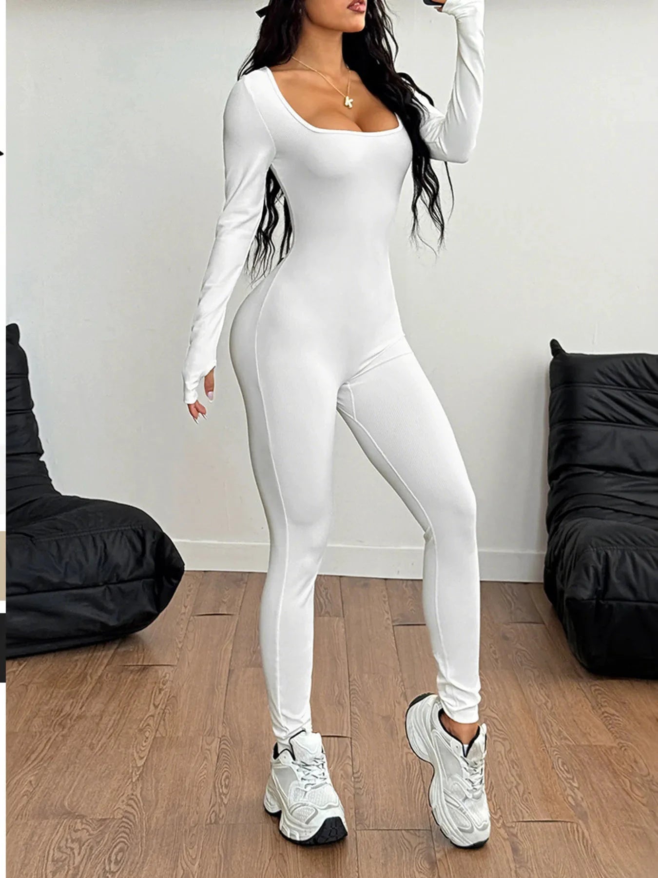 Square Neck Long Sleeve Active Jumpsuit by Lady Ros