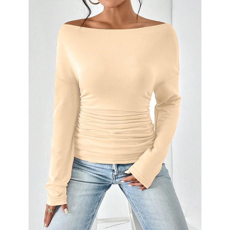 Women's Off The Shoulder Tops Long Sleeve T Shirts Going Out Tops Casual Trendy Ruched Slim Fitted Tees by GJG Denim