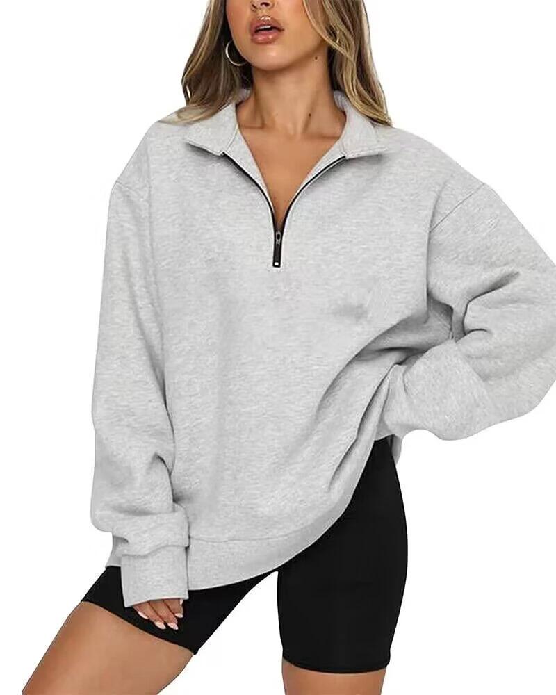 Women Sweatshirts Zip Turndown Collar Loose Casual Tops Clothes by GJG Denim