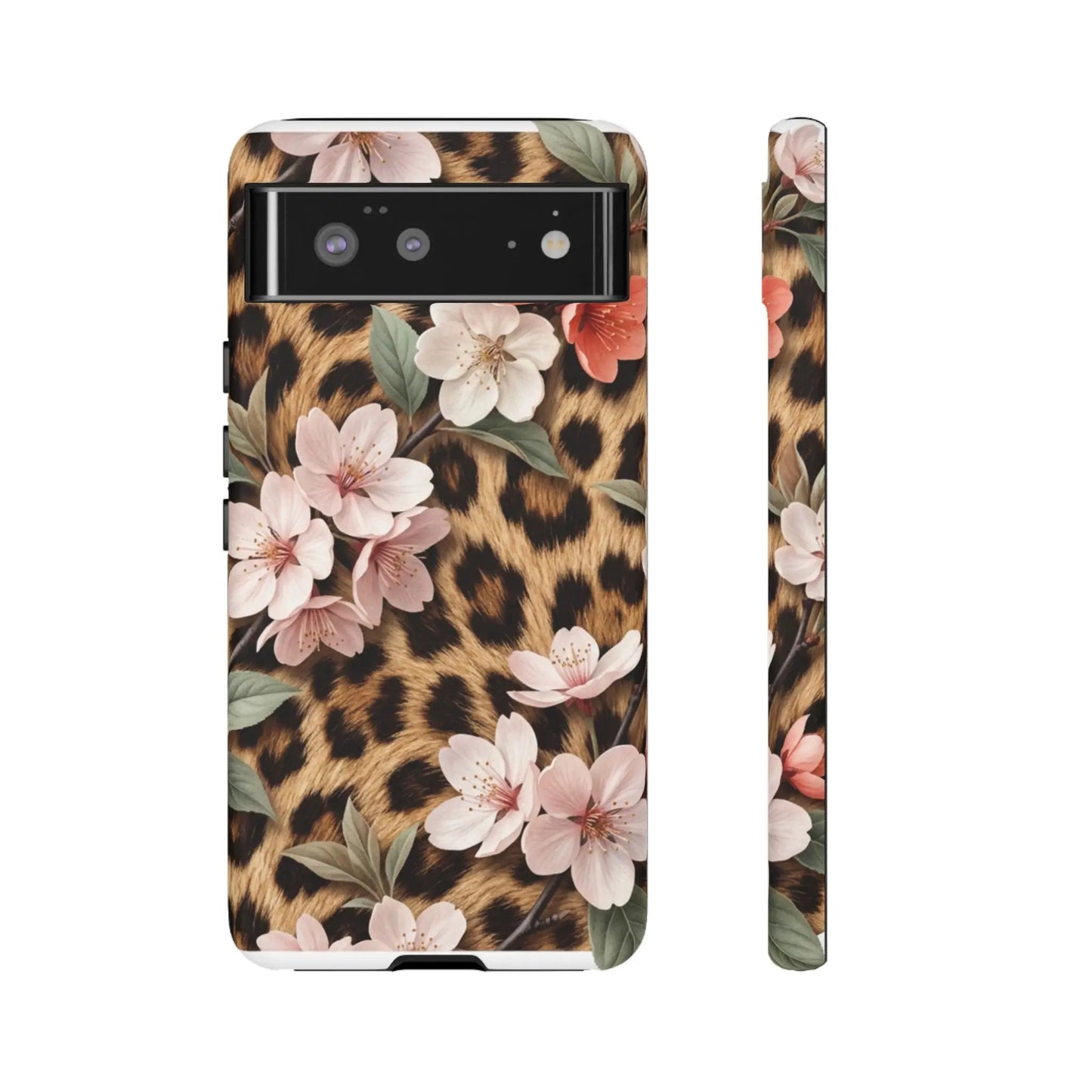 Leopard Floral Tough Case — Protective Phone Case with Pink Cherry Blossoms by Printify
