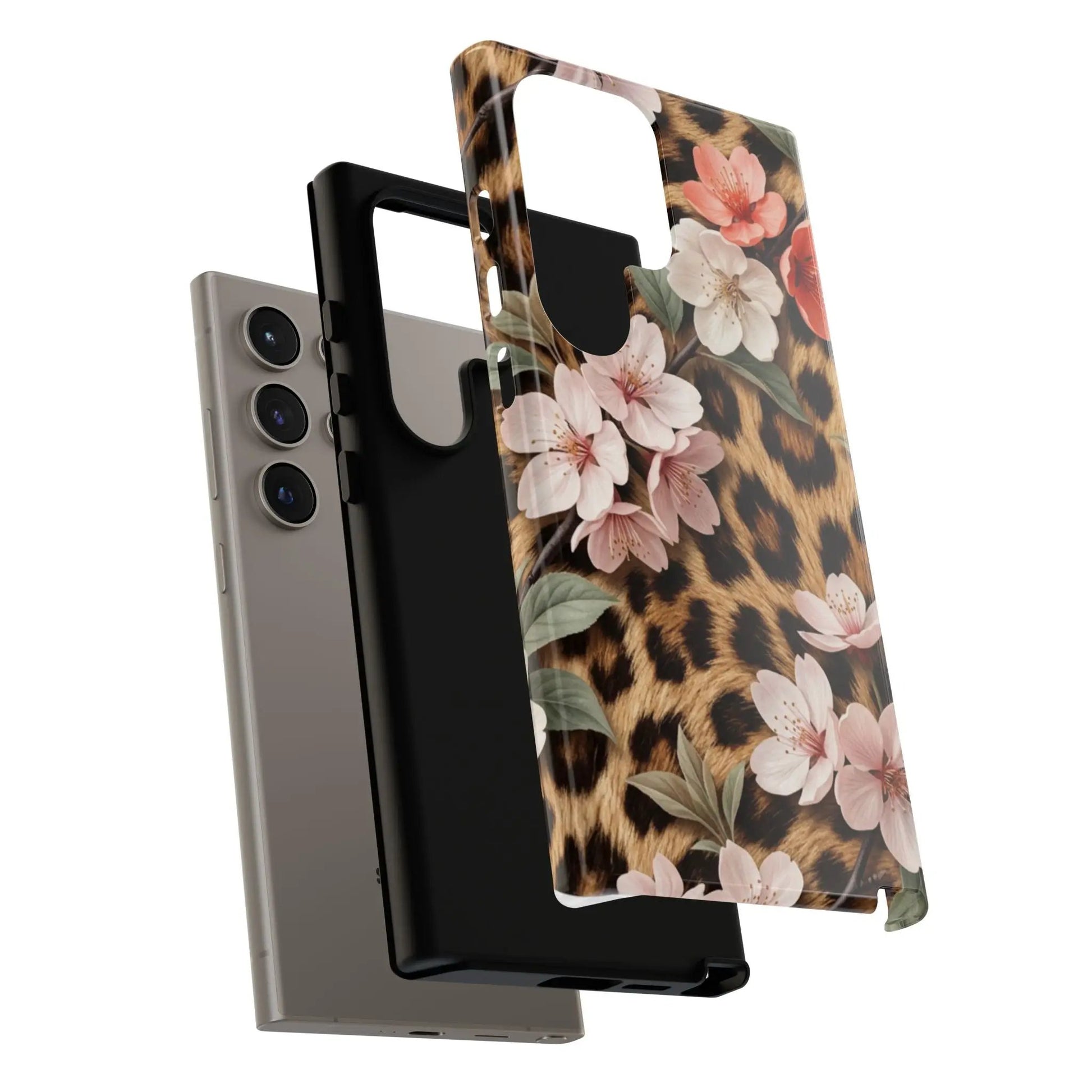 Leopard Floral Tough Case — Protective Phone Case with Pink Cherry Blossoms by Printify