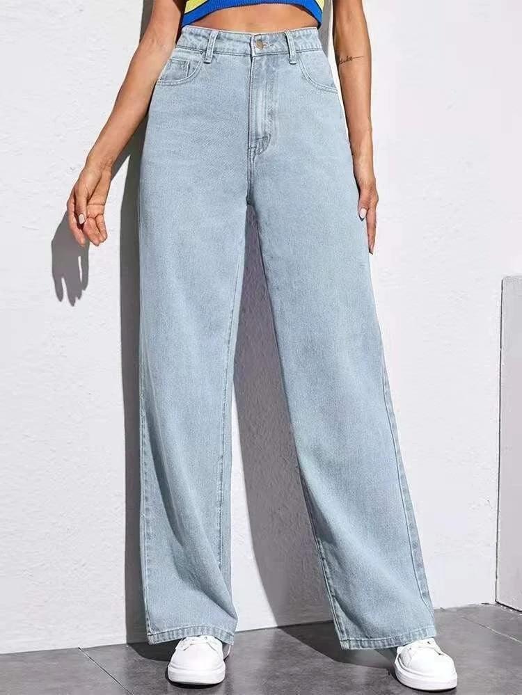 Washed Fashion Straight Jeans Women's Mid Waist by GJG Denim